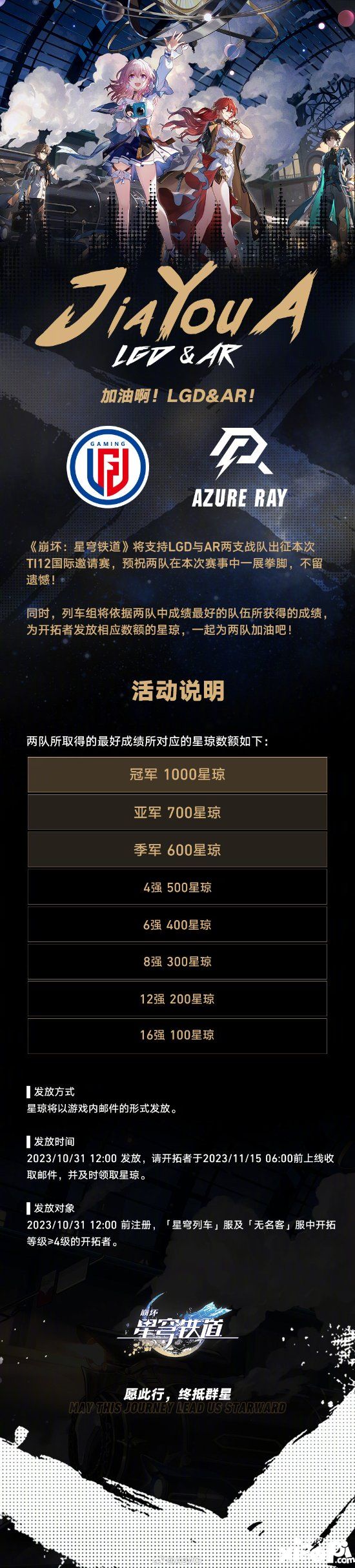 《Dota2》TI中国晋级《崩铁》发奖励：冠军1千星琼